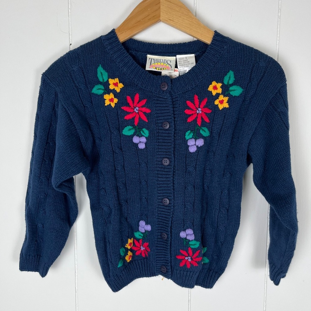 Vintage 90s NWT Threads For Kids Size 6 Navy Floral Embroidered Cardigan Sweater